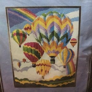 Vintage counted cross stitch Always Chasing Rainbows hot air balloons New
